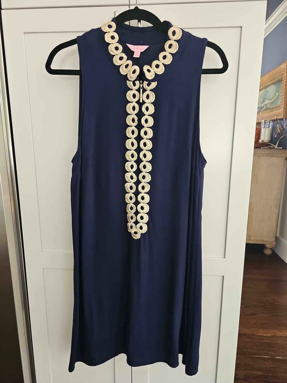 Lilly Pulitzer Navy Sleeveless Tank with Gold Crochet Trim. Size 14